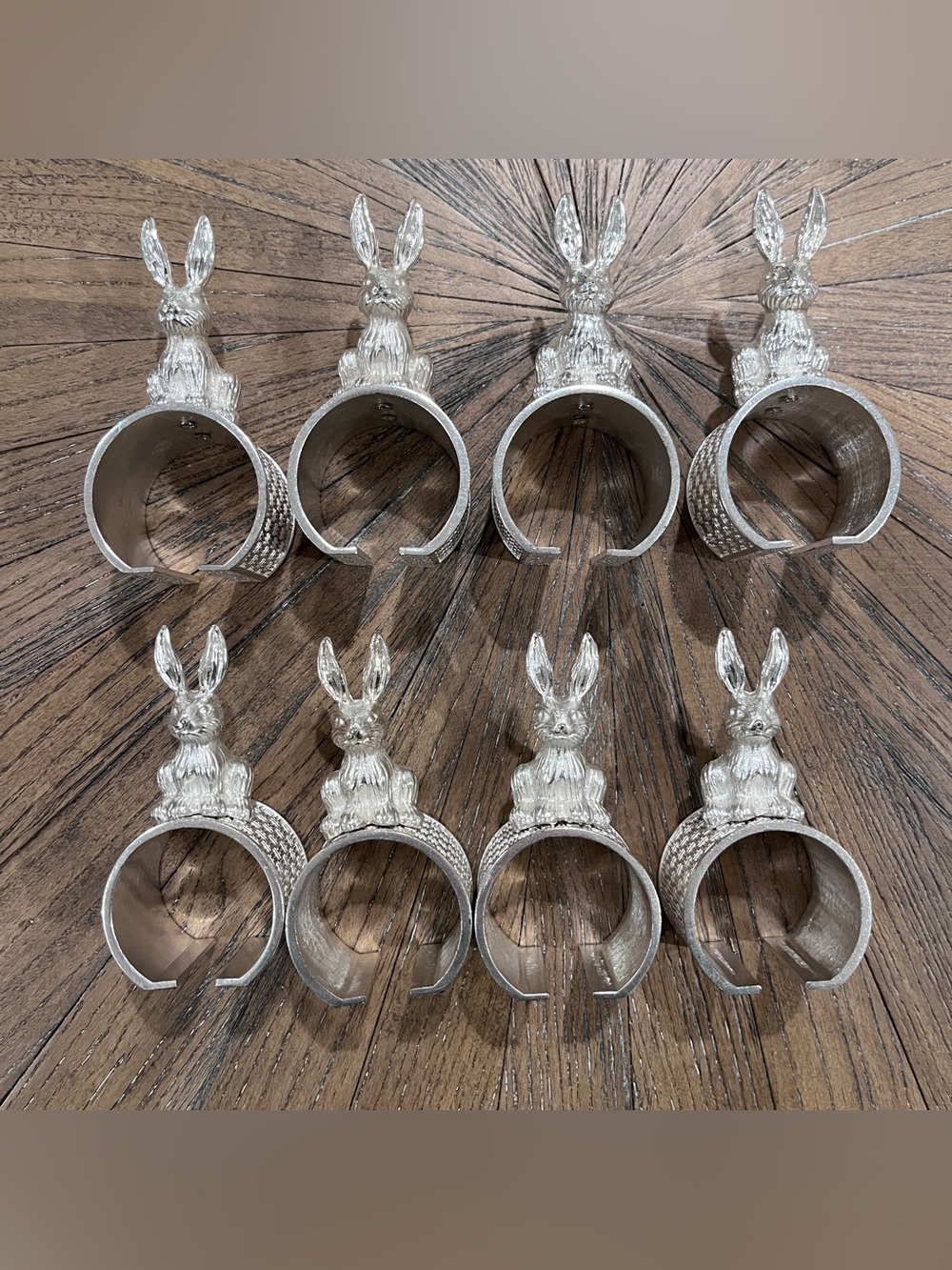 Pottery Barn Set of 8 Silver Tone Rabbit Bunny Metal Napkin Rings Holders Easter